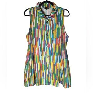 Frederique Multi Color Tunic Top Womens Large Artsy Pockets Sleeveless